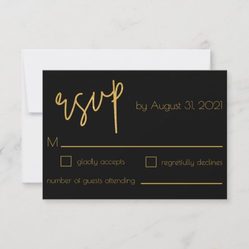 Black and Gold Glitter Wedding Art Deco RSVP Card