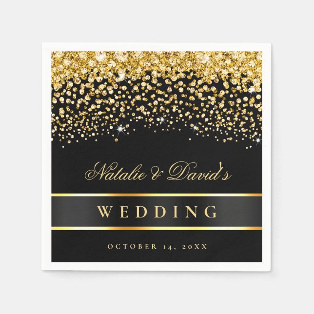 Black and Gold Glitter Wedding Napkins (Front)