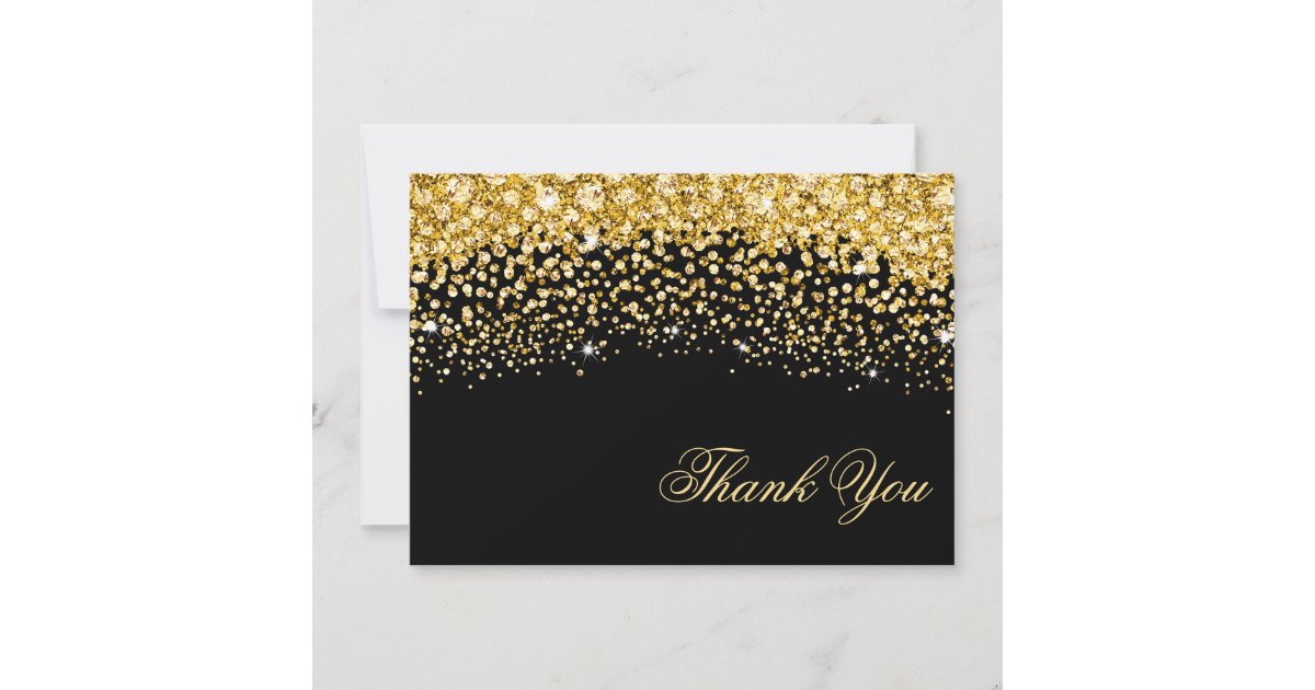 Black and Gold Glitter Wedding Thank You Card | Zazzle