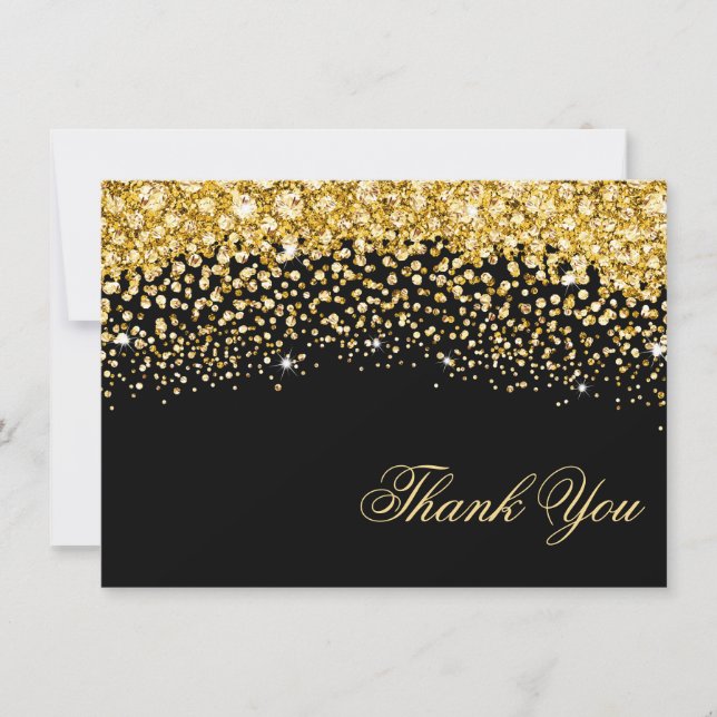 Black and Gold Glitter Wedding Thank You Card (Front)