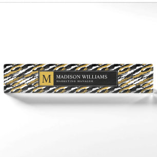 Black and Gold Glitter White Animal Zebra Pattern Desk Name Plate