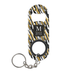 Black and Gold Glitter White Animal Zebra Pattern Keychain Bottle Opener