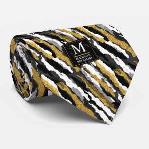 Black and Gold Glitter White Animal Zebra Pattern Neck Tie