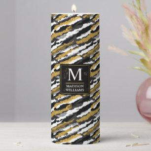 Black and Gold Glitter White Animal Zebra Pattern Pillar Candle