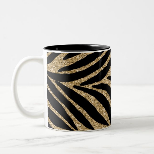 Black and Gold Glitter Zebra Print Two-Tone Coffee Mug (Left)