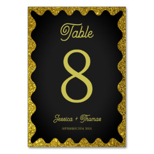 Black and Gold Glitters Wavy Retro Wedding Table Number
