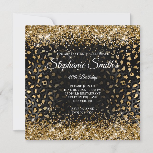 Black and Gold Glittery Leopard Foil 40th Birthday Invitation (Front)