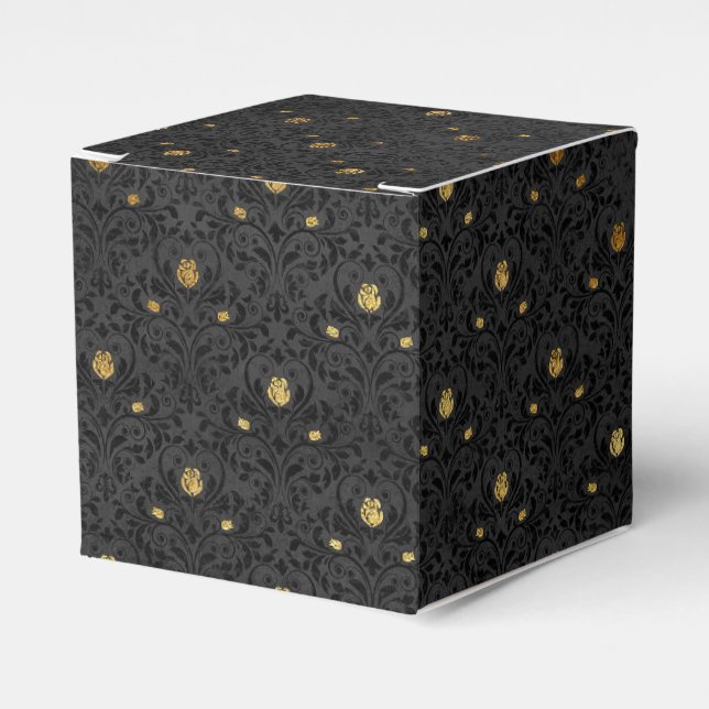 Black and Gold Gold Floral Grunge Damask Favor Boxes (Front Side)