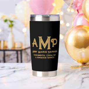 Black and Gold Gold Monogram Employee Name Insulated Tumbler