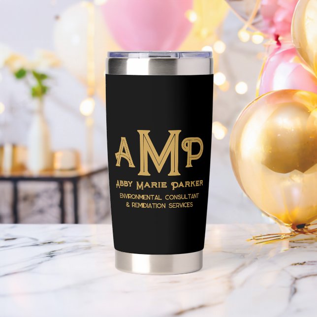 Black and Gold Gold Monogram Employee Name Insulated Tumbler (Bachelor Party (Rotated))