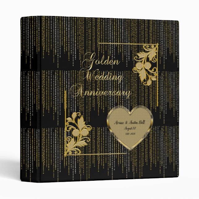 Black and Gold Golden Wedding Anniversary 3 Ring Binder (Front/Spine)