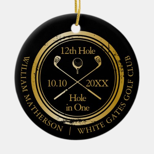 Black And Gold Golf Hole In One Retro Personalized Ceramic Ornament