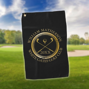 Black and Gold Golfer And Club Name Date Golf Towel