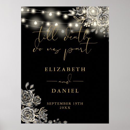 Black And Gold Goth Roses Lights Wedding Sign