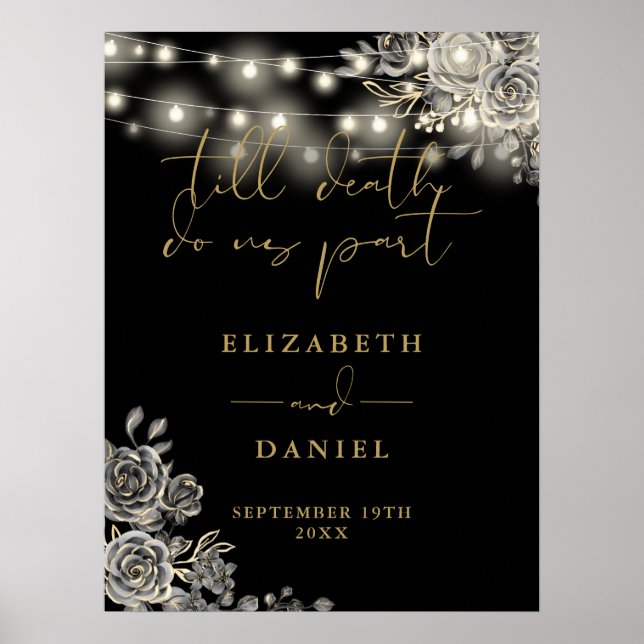 Black And Gold Goth Roses Lights Wedding Sign (Front)