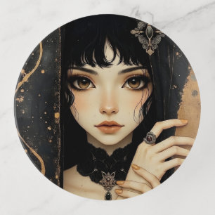Black and Gold Gothic Anime Girl Trinket Tray