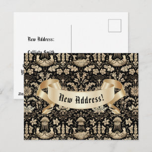 Black and Gold Gothic Damask Change of Address Postcard