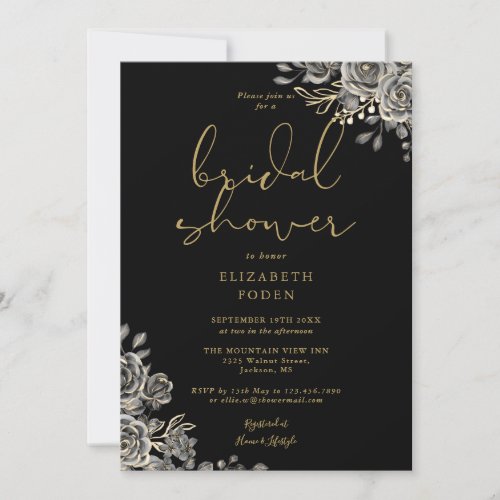 Black And Gold Gothic Floral Bridal Shower Invitation
