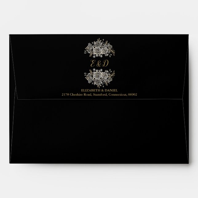 Black And Gold Gothic Floral Monogram Address Envelope (Back (Top Flap))
