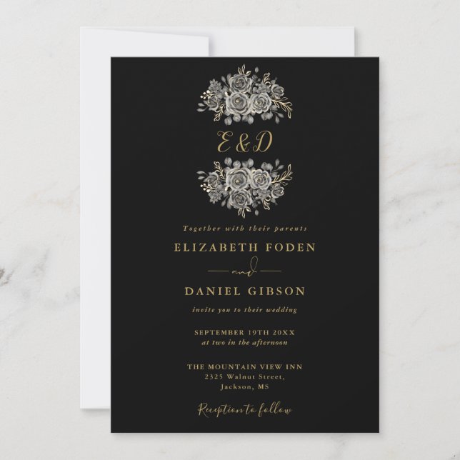 Black And Gold Gothic Floral Monogram Wedding Invitation (Front)