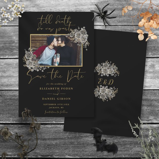 Black And Gold Gothic Floral Photo Wedding Save The Date (Black And Gold Gothic Floral Photo Wedding Save The Date)