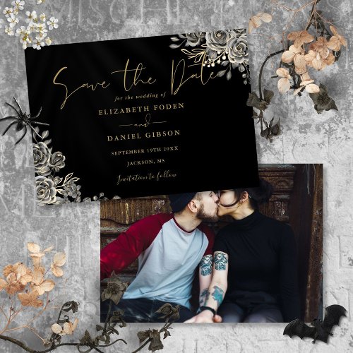 Black And Gold Gothic Floral Photo Wedding Save The Date