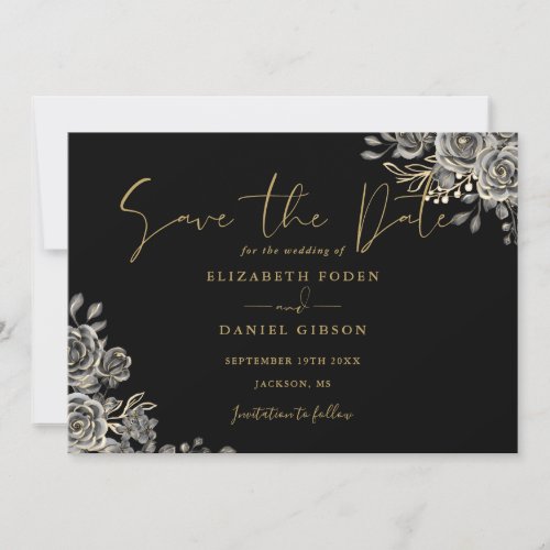 Black And Gold Gothic Floral Photo Wedding Save The Date