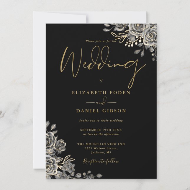 Black And Gold Gothic Floral QR Code Wedding Invitation (Front)