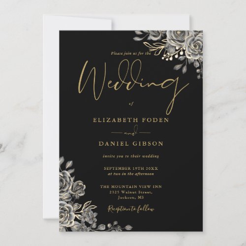 Black And Gold Gothic Floral QR Code Wedding Invitation