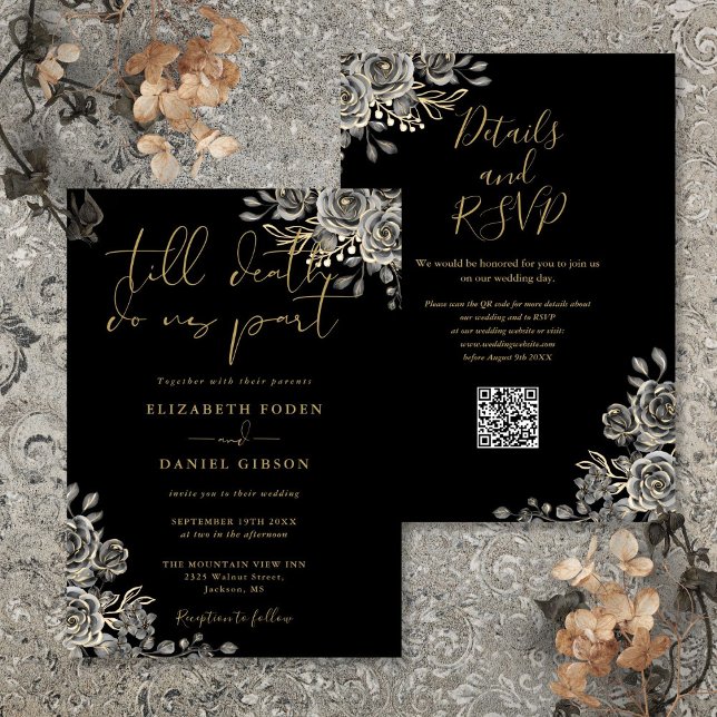 Black And Gold Gothic Floral QR Code Wedding Invitation (Black And Gold Gothic Floral QR Code Wedding Invitation)