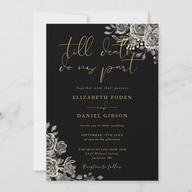 Black And Gold Gothic Floral QR Code Wedding Invitation (Front)