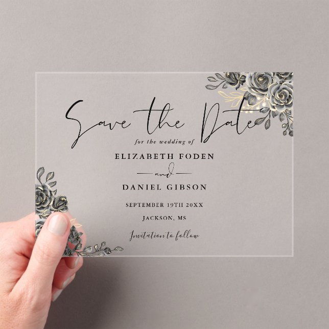 Black And Gold Gothic Floral Wedding Save The Date Acrylic Invitations (Insitu (Handheld))