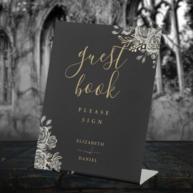 Black And Gold Gothic Roses Floral Guest Book Pedestal Sign (Black And Gold Gothic Roses Floral Guest Book Pedestal Sign)