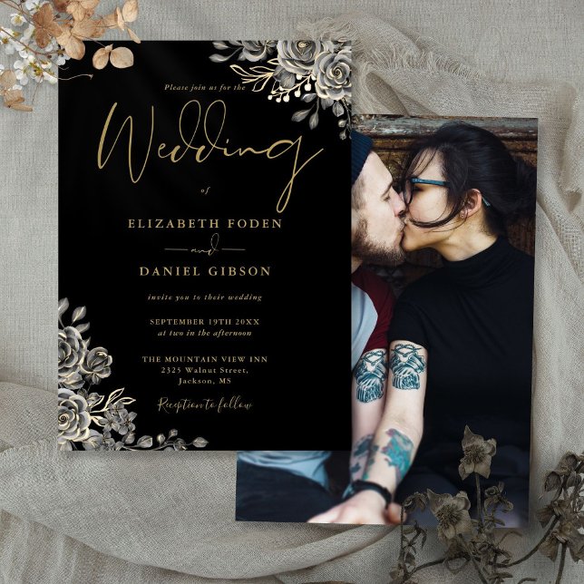 Black And Gold Gothic Roses Floral Photo Wedding Invitation (Black And Gold Gothic Roses Floral Photo Wedding Invitation)