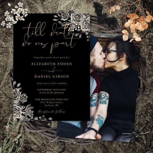 Black And Gold Gothic Roses Floral Photo Wedding Invitation