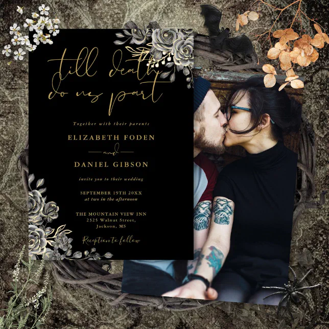 Black And Gold Gothic Roses Floral Photo Wedding Invitation | Zazzle