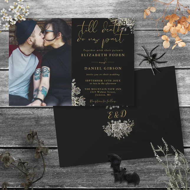 Black And Gold Gothic Roses Floral Photo Wedding Invitation | Zazzle