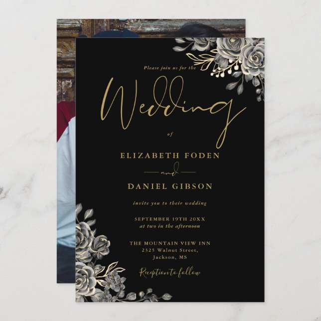Black And Gold Gothic Roses Floral Photo Wedding Invitation (Front/Back)