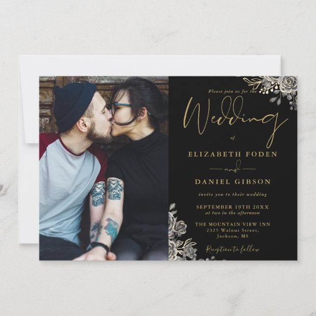 Black And Gold Gothic Roses Floral Photo Wedding Invitation (Front)
