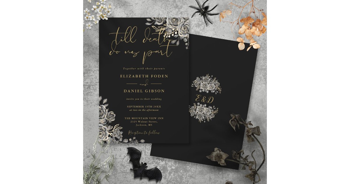 Black And Gold Gothic Roses Floral Wedding Invitation | Zazzle