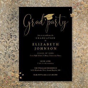 Black And Gold Grad Party Script Graduation  Invitation