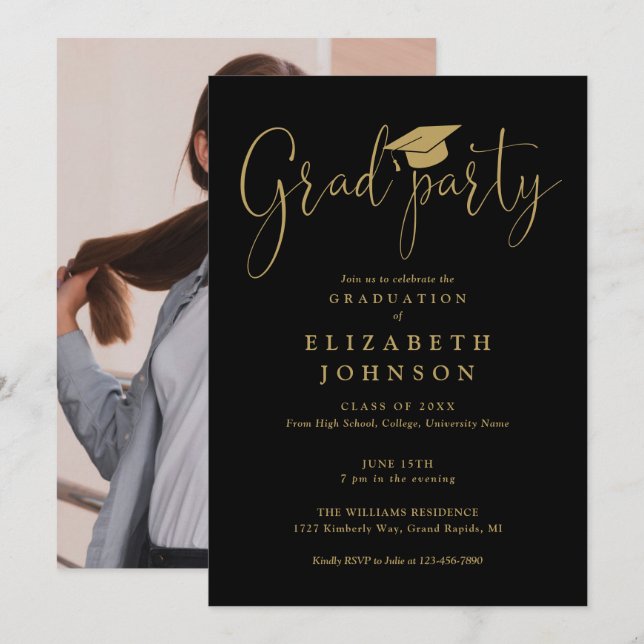 Black And Gold Grad Party Script Photo Graduation  Invitation (Front/Back)