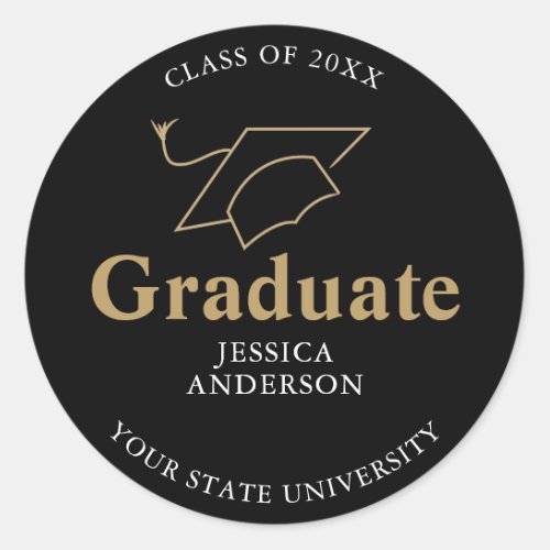 Black and Gold Graduate Cap Graduation Classic Round Sticker