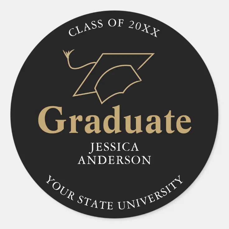 Black and Gold Graduate Cap Graduation Classic Round Sticker | Zazzle