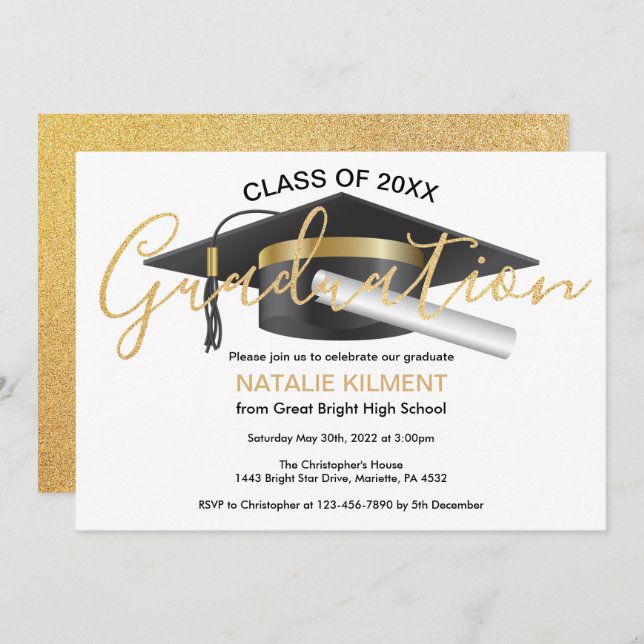 Black and Gold Graduate Cap Graduation Party Invitation (Front/Back)