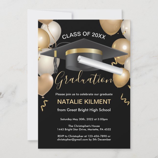 Black and Gold Graduate Cap Graduation Party Invitation (Front)