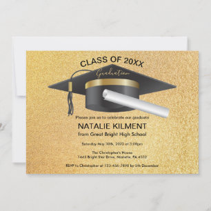 Black and Gold Graduate Cap Graduation Party Invitation