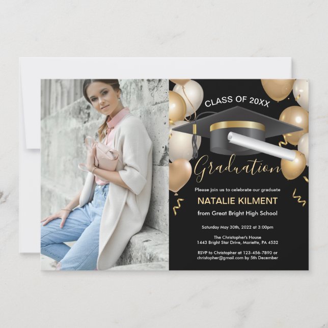 Black and Gold Graduate Cap Graduation Party Photo Invitation (Front)