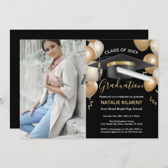 Black and Gold Graduate Cap Graduation Party Photo Invitation | Zazzle