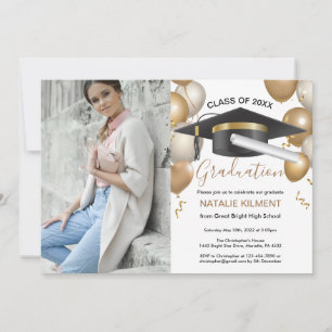Black and Gold Graduate Cap Graduation Party Photo Invitation